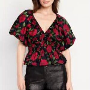 Old Navy Red Rose Print Ruffled Puff Sleeve Peplum Blouse Size Large‎